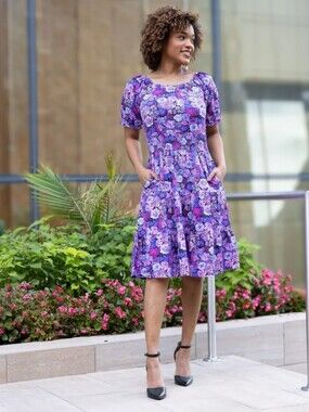 New! Y2K svaha USA Floral Scoop Neck Smocked Waist Dress Cottagecore Shabby Chic
